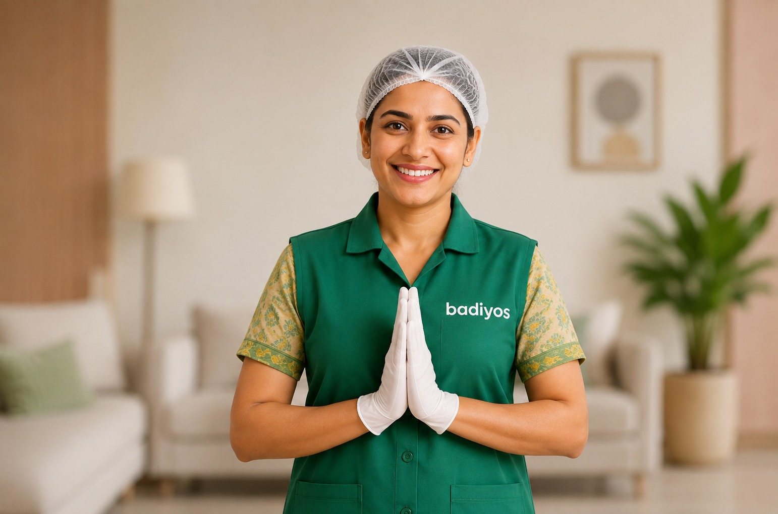 A Badiyos home expert in uniform greeting with a namaste