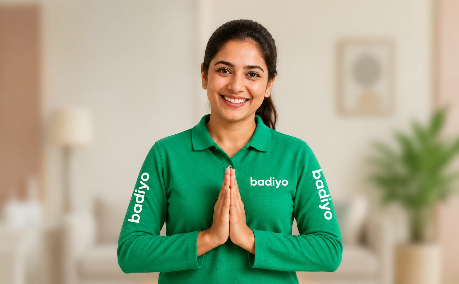 A Badiyos home expert in uniform greeting with a namaste